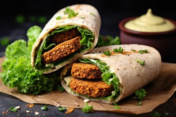 Poster - sandwich with falafel next to a bunch of parsley