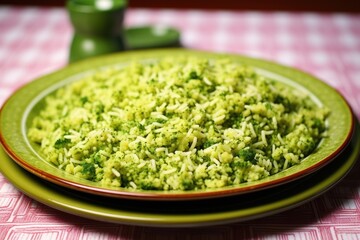 Canvas Print - broccoli rice on a vivid green plate contrasting against white table