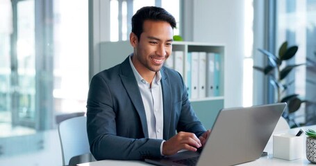 Poster - Happy, laptop and typing business man, bank consultant or admin worker smile for research report, project or data. Company computer, administration and professional person working on online account