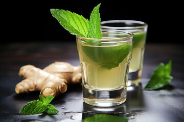 Poster - a ginger shot surrounded by green mint leaves