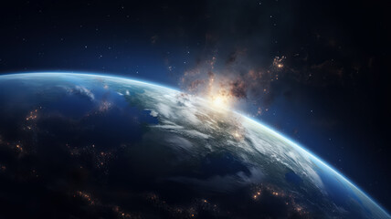 Wall Mural - panet earth from the space with blue energy waves around and light peeking out. universe science ast