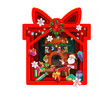 © Vector Tradition - Christmas paper cut present box and Santa in chair, double exposition. Vector 3d layered frame in shape of gift with bow and funny Father Noel drinking tea near fireplace at holiday eve night