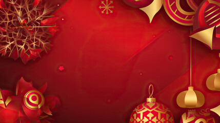 Wall Mural - Red background with Christmas ornaments and copy space for design in the middle