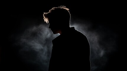 Sadness concept, silhouette of unrecognizable young gorgeous male with a dark background, studio shot