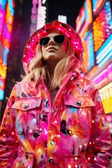 Poster - a woman in a pink raincoat and sunglasses