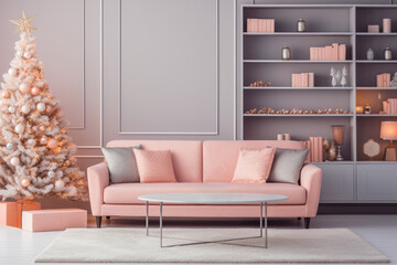 Wall Mural - Living room interior decorated for Christmas. Gray and pink color tones