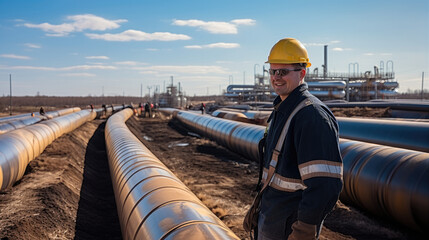 Poster - Engineer working at industrial zone for operate equipment, Steel pipelines and valve, Refinery oil and gas.