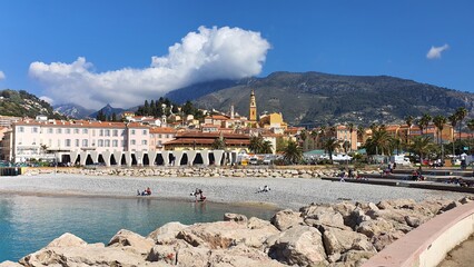 Menton, France, view of the old town and mountain landscape from the sea