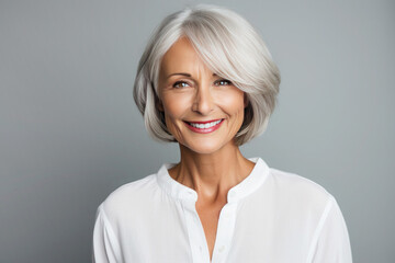 Portrait of happy beautiful gorgeous 50s mid elderly tanned modern woman with bob haircut in white blouse on light gray background