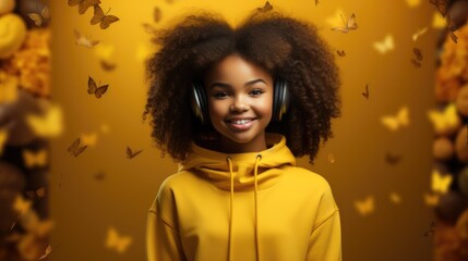 Canvas Print - Smiling African American girl on yellow background.