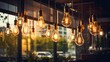 Loft Style Light Bulbs Emitting a Warm Glow in a Coffee Shop Interior at Night.