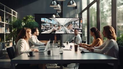 Aufkleber - Business team meeting on online video chat in office, Conference call. Coworkers sitting at negotiation table.
