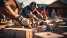 Closeup Of Bricklayer Hands Laying Brick Wall At Building Site.