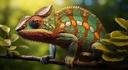 Wall Mural - green iguana on a tree, green iguana on a tree branch, close-up of colored chameleon on the tree, close-up of a chameleon in the forest, colorful chameleon face