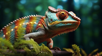 Wall Mural - green iguana on a tree, green iguana on a tree branch, close-up of colored chameleon on the tree, close-up of a chameleon in the forest, colorful chameleon face