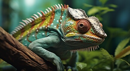 Wall Mural - green iguana on a tree, green iguana on a tree branch, close-up of colored chameleon on the tree, close-up of a chameleon in the forest, colorful chameleon face