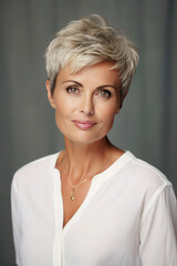 Wall Mural - Portrait of a beautiful well groomed modern woman of the 50s with a short haircut in a white blouse