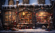Vintage Shop With Christmas Gifts And Decorations For Christmas Tree. Winter Street Scene. Christmas Card. Generative Ai