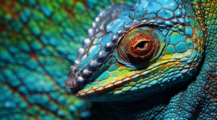 Wall Mural - green iguana on a tree, green iguana on a tree branch, close-up of colored chameleon on the tree, close-up of a chameleon in the forest, colorful chameleon face