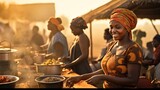 African women wearing traditional clothes are cooking at local food market.