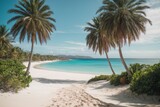 Fototapeta Krajobraz -  Illustration of paradise landscapes with turquoise sea, white sand, and palm trees. Tropical beaches.
