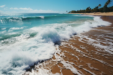 Wall Mural - Sunny Tropical Beach Retreat: Glistening Waves Crash onto Sandy Shore Amidst Palm Trees - Perfect Daytime Serenity for Relaxation and Vacation. Beautiful beach with a sandy shore and the ocean. 