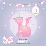 Fototapeta Dinusie - Cute baby girl dragon and dinosaur character, birthday invitation. 3 year. Vector illustration, eps 10