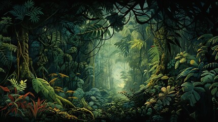  a painting of a jungle with lots of trees and plants.  generative ai