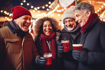 Multiracial friends of different ages drinking mulled wine at Christmas fair in festively decorated city