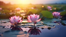 Pink Flowers On A Lily Pad