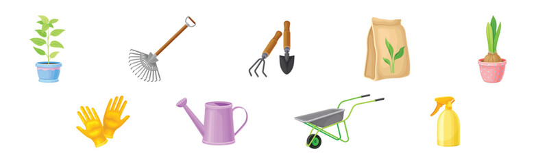 Garden Tool and Instrument with Rake, Plant in Pot, Watering Can, Gloves and Fertilizer Vector Set