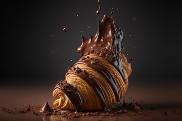 Poster - a chocolate pastry is falling into the chocolate sauce on the ground. Generative ai