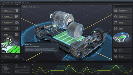 3D graphical user interface visualization of professional software for eco-friendly car developing. App for car diagnostics or testing with virtual electric vehicle model. View from computer screen.