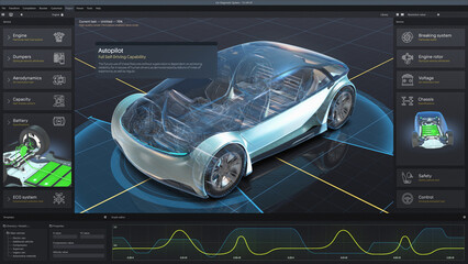 3D render of graphical user interface of professional software for eco-friendly car developing. Program for car diagnostic or testing with 3D virtual electric vehicle prototype. Computer screen view.