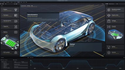 3D render of graphical user interface of professional software for eco-friendly car developing. Program for car diagnostic or testing with 3D virtual electric vehicle prototype. Computer screen view.