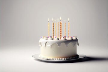 Sticker - a cake with candles on it sitting on a plate with a gray background and a shadow of a cake. Generative ai