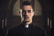 Handsome preacher face portrait. Young catholic priest look at camera. Religion horizontal banner, generated by AI