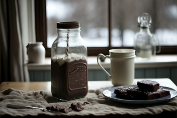 Wall Mural - a table with a plate of food and a jar of milk and a spoon on it with a spoon. Generative ai