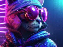 Close-up Portrait Of A Cat In Sunglasses And Jacket. Futuristic Illustration Of A Fashionable Animal In Neon Colors. Digital Art For Cover, Card, Postcard, Interior Design, Decor Or Print.