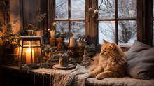 A Rustic Winter Scene Featuring A Cottage Living Room, A Crackling Wood-burning Stove, And A Cat Curled Up On A Cushioned Window Seat As A Dog Rests By The Fire