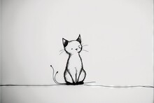A Black And White Drawing Of A Cat Sitting On A Floor With A Wire Running Through It's Legs And A Head On The Ground, With Its Eyes Closed, With A Black And A White Background. Generative Ai