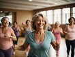 A vibrant scene captures a group of middle-aged women joyfully participating in a dance class. Their faces radiate happiness and energy as they candidly express their active lifestyle.