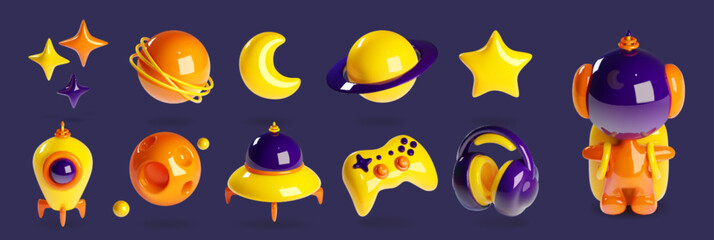 Space game 3d icon cartoon vector element set. Plastic object with alien, galaxy universe planet and joystick. Metaverse isolated world graphic kit for videogame ui interface. Saturn and moon design