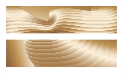 Wavy golden parallel gradient lines, ribbons, silk. Golden with shades of yellow background, banner, poster. Set of 2 backgrounds. Eps vector