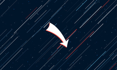 Canvas Print - Large white down arrow framed in red in the center. The effect of flying through the stars. Vector illustration on a dark blue background with stars and slanted lines