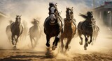 Fototapeta Do przedpokoju - rider on the horse, horse riding in the stadium, horse racing in the desert, close-up of a horse rider, close-up of horse racing, horse in action