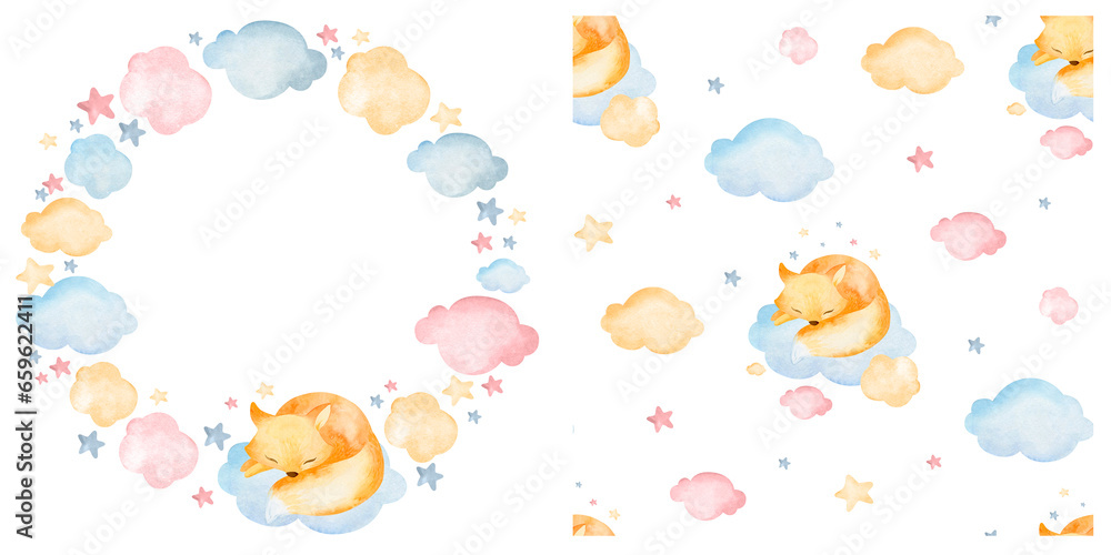 Baby frame template and seamless pattern for kids. A set of watercolor ...