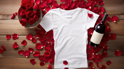 Wall Mural - Top View Of Blank White T-Shirt Mockup For Valentine's Day With Red Petals And Red Wine Bottle. Romantic Isolated T-Shirt Mock Up Template. Generative AI