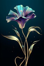 A Blue Flower With Gold Stems On A Black Background.   Illustration Of A Purple Color Flower, Perfect For Wall Art.