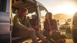 © wojciechkic.com - Travel concept with independent people enjoyig the outdoor leisure activity and wanderlust life lifestyle - woman sit down on the roof of a old nice vintage camper van